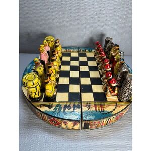 Vintage Peruvian Folk Art Chess Set Inca vs Spanish Conquistador Round Board
